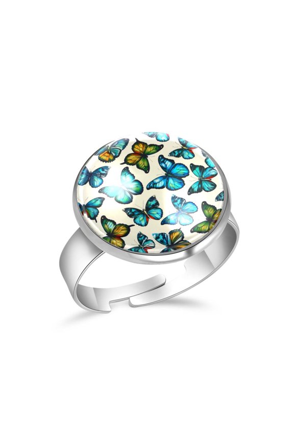 Green Blue Butterflies Pattern Stainless Steel Rings for Women, Open Adjustable Ring Promise Ring Jewelry Gifts