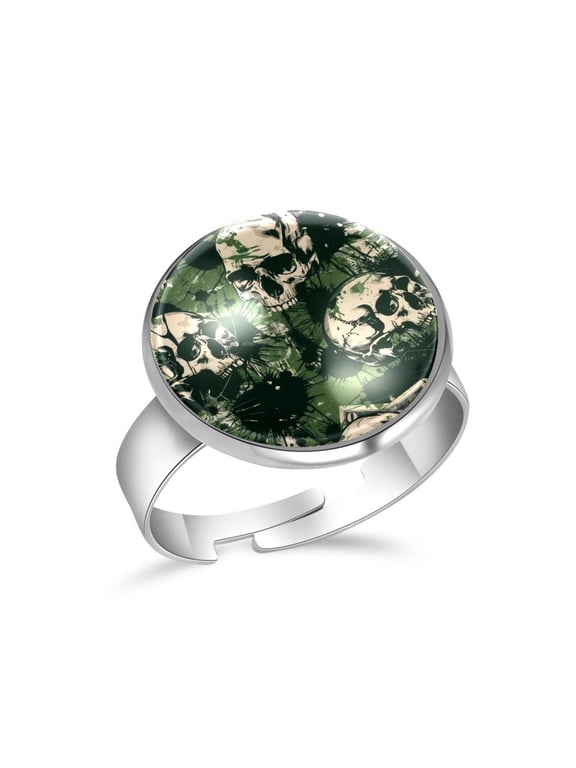 Green Camouflage Skull Pattern Stainless Steel Rings for Women, Open Adjustable Ring Promise Ring Jewelry Gifts