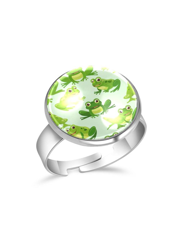 Green Cartoon Frogs Pattern Stainless Steel Rings for Women, Open Adjustable Ring Promise Ring Jewelry Gifts