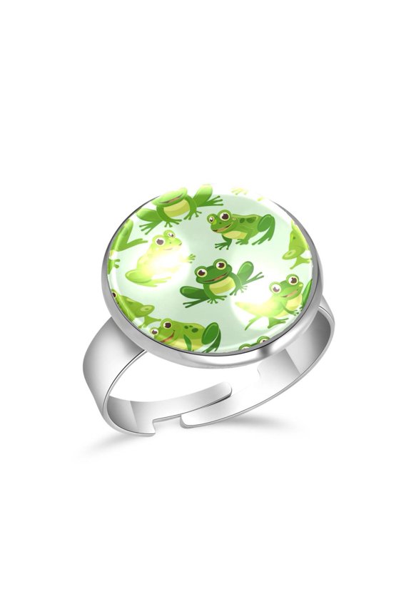 Green Cartoon Frogs Pattern Stainless Steel Rings for Women, Open Adjustable Ring Promise Ring Jewelry Gifts