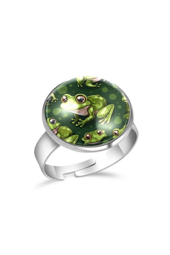 Green Frogs Cute Pattern Stainless Steel Rings for Women, Open Adjustable Ring Promise Ring Jewelry Gifts
