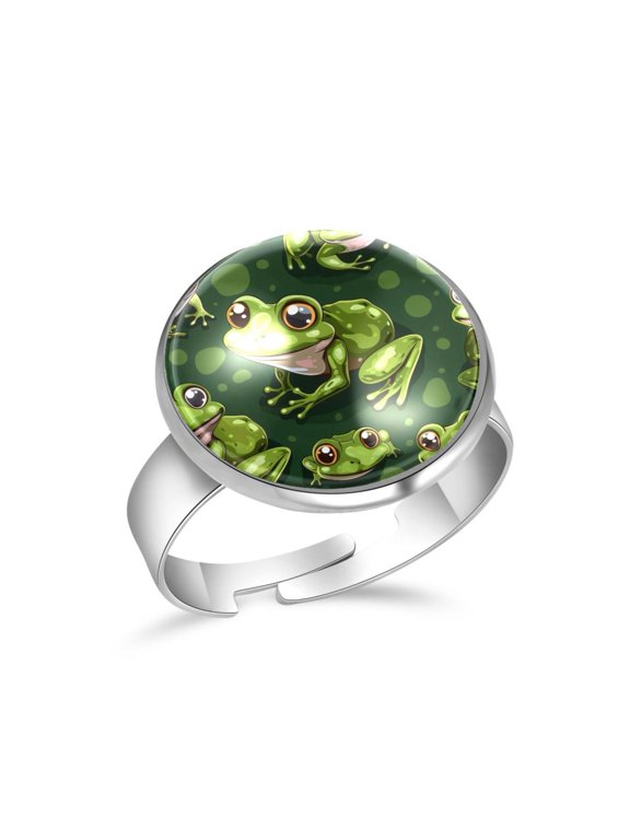 Green Frogs Cute Pattern Stainless Steel Rings for Women, Open Adjustable Ring Promise Ring Jewelry Gifts