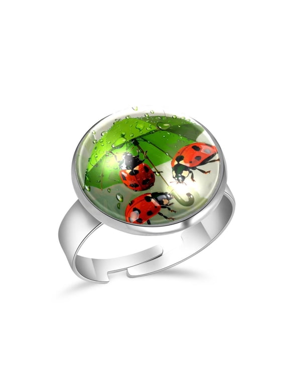 Green Umbrella and Ladybugs Painting Stainless Steel Rings for Women, Open Adjustable Ring Promise Ring Jewelry Gifts