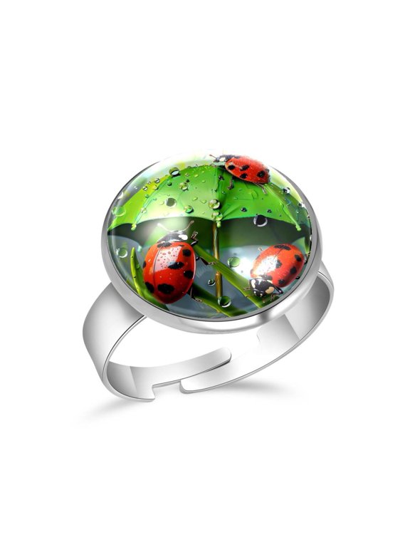 Green Umbrella and Ladybugs Stainless Steel Rings for Women, Open Adjustable Ring Promise Ring Jewelry Gifts