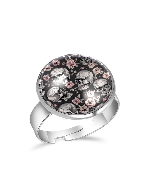 Grey Skull Pink Rose Pattern Stainless Steel Rings for Women, Open Adjustable Ring Promise Ring Jewelry Gifts