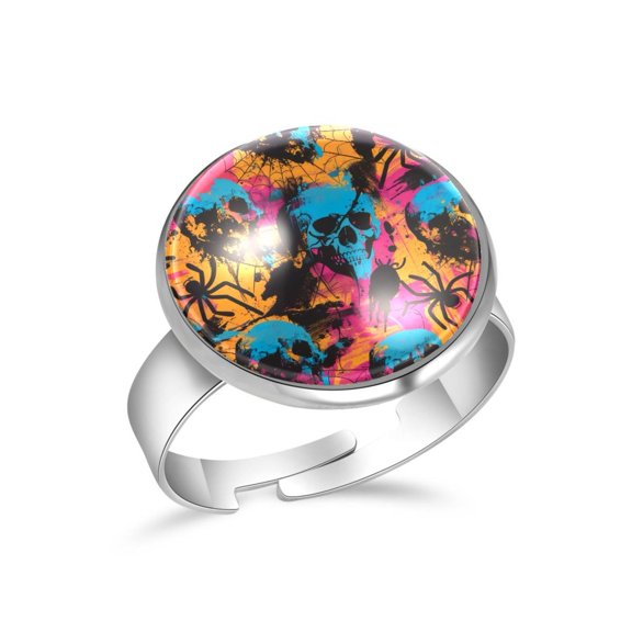 PhooArto Grunge Skull Spiders Pattern Stainless Steel Rings for Women, Open Adjustable Ring Promise Ring Jewelry Gifts
