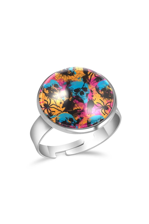 Grunge Skull Spiders Pattern Stainless Steel Rings for Women, Open Adjustable Ring Promise Ring Jewelry Gifts
