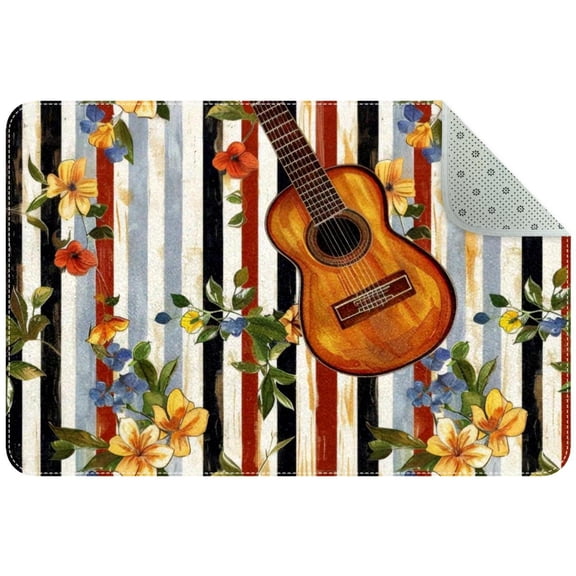 PhooArto Guitar Flower Stripe Pattern Indoor Door Mat, Non-Slip Absorbent Doormat Inside Floor Mats Area Rug for Entryway, Machine Washable Entrance Rug Outdoor 35x24in