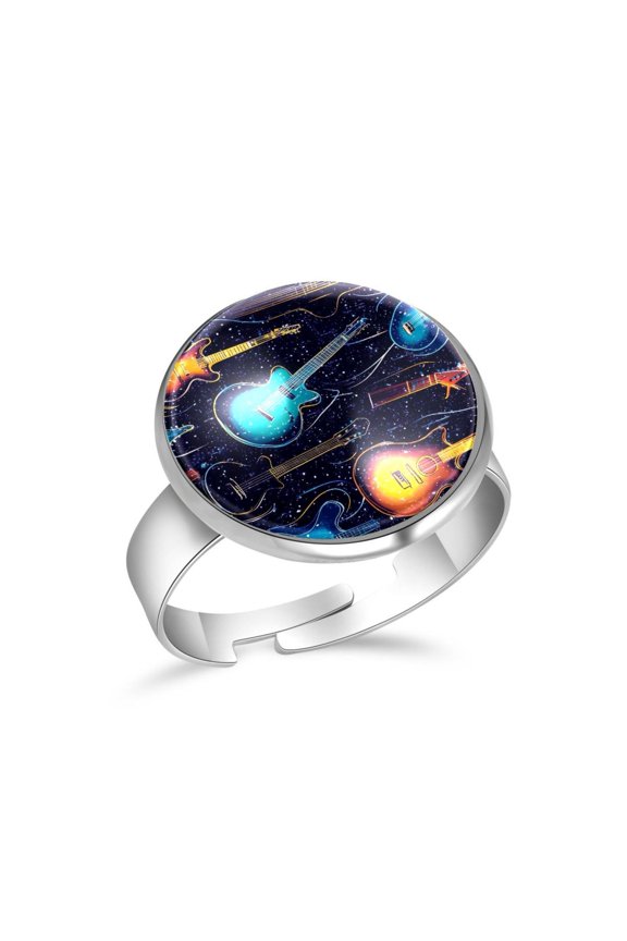 Guitars Galaxy Pattern Stainless Steel Rings for Women, Open Adjustable Ring Promise Ring Jewelry Gifts