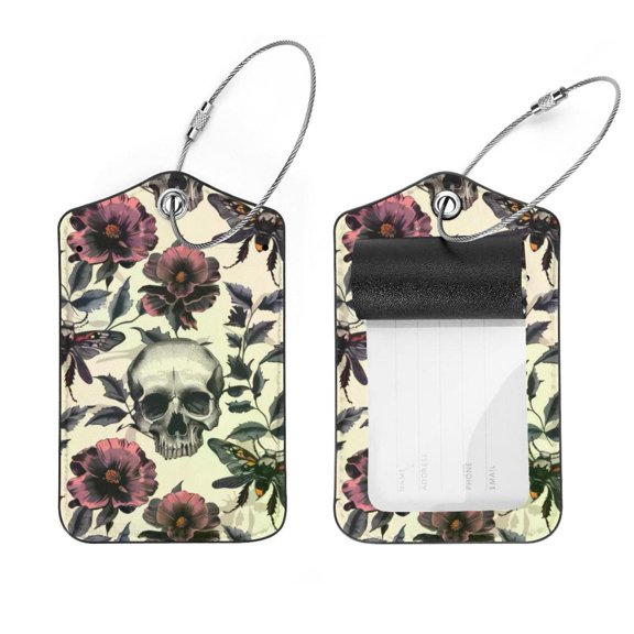 PhooArto Hawk Moth Flower Skull Patterns Luggage Tags with Stainless Steel Loop, 2 Pack Luggage Tag Holders for Travel Luggage Baggage Identifier