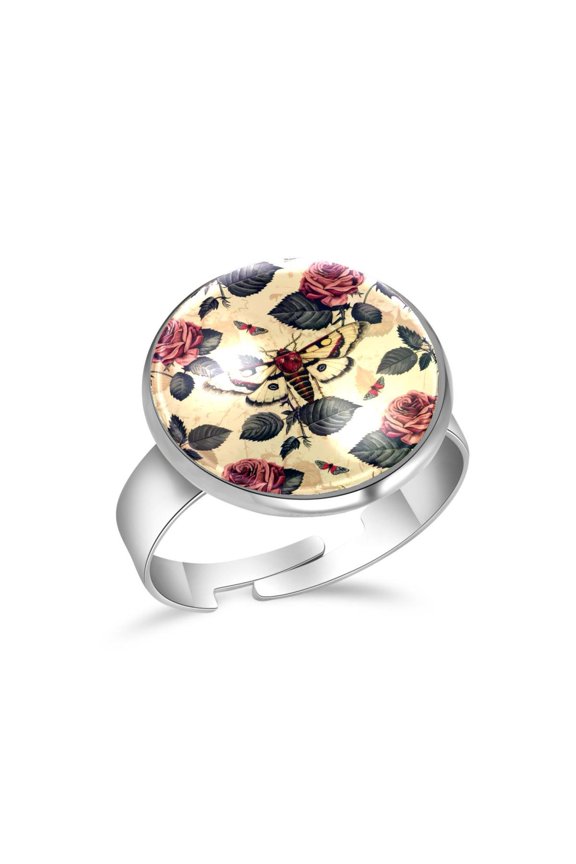 Hawk Moth Rose Flower Pattern Stainless Steel Rings for Women, Open Adjustable Ring Promise Ring Jewelry Gifts