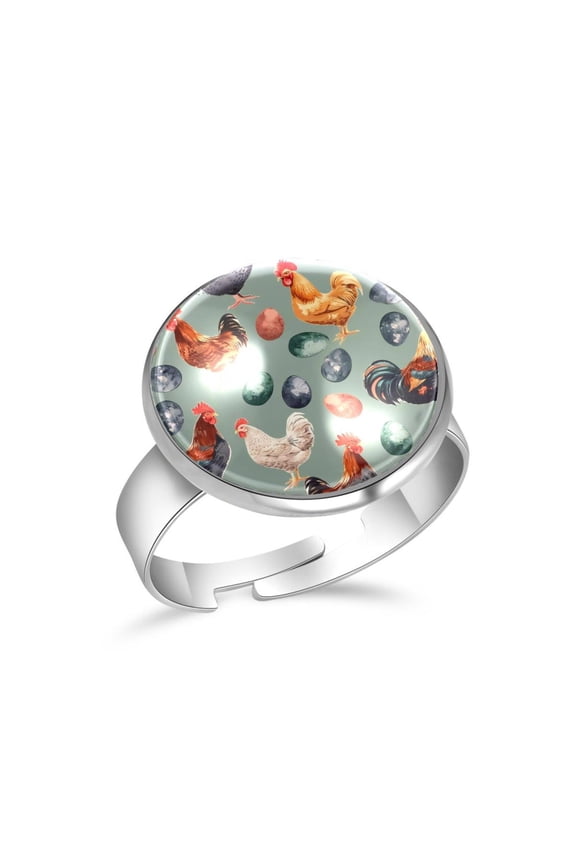 Hens Roosters and Eggs Pattern Stainless Steel Rings for Women, Open Adjustable Ring Promise Ring Jewelry Gifts