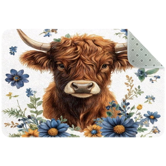 PhooArto Highland Cow Blue Floral Indoor Door Mat, Non-Slip Absorbent Doormat Inside Floor Mats Area Rug for Entryway, Machine Washable Entrance Rug Outdoor 35x24in