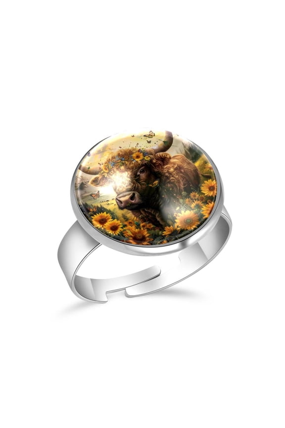 Highland Cow Sunflowers Butterflies Stainless Steel Rings for Women, Open Adjustable Ring Promise Ring Jewelry Gifts