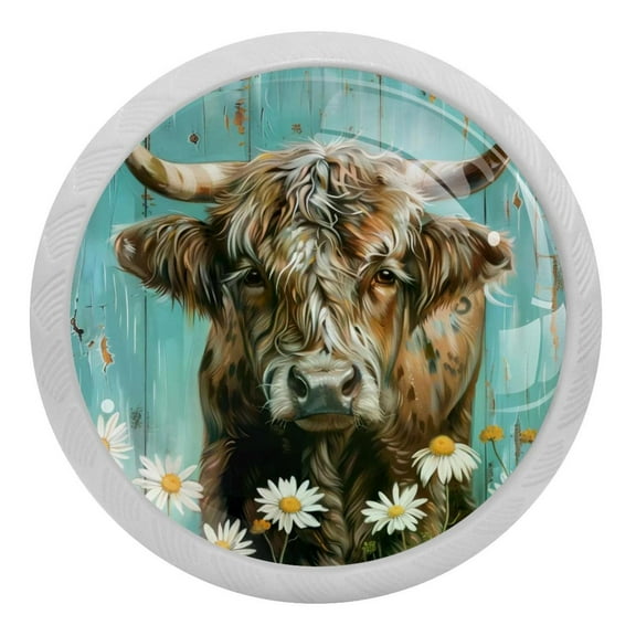 PhooArto Highland Cow Teal Daisy on Rustic Wooden 4 PCS Crystal Glass Cabinet Knobs, Drawer Kitchen Cabinets Dresser Cupboard Wardrobe Pulls Handle - Glowing in the Dark