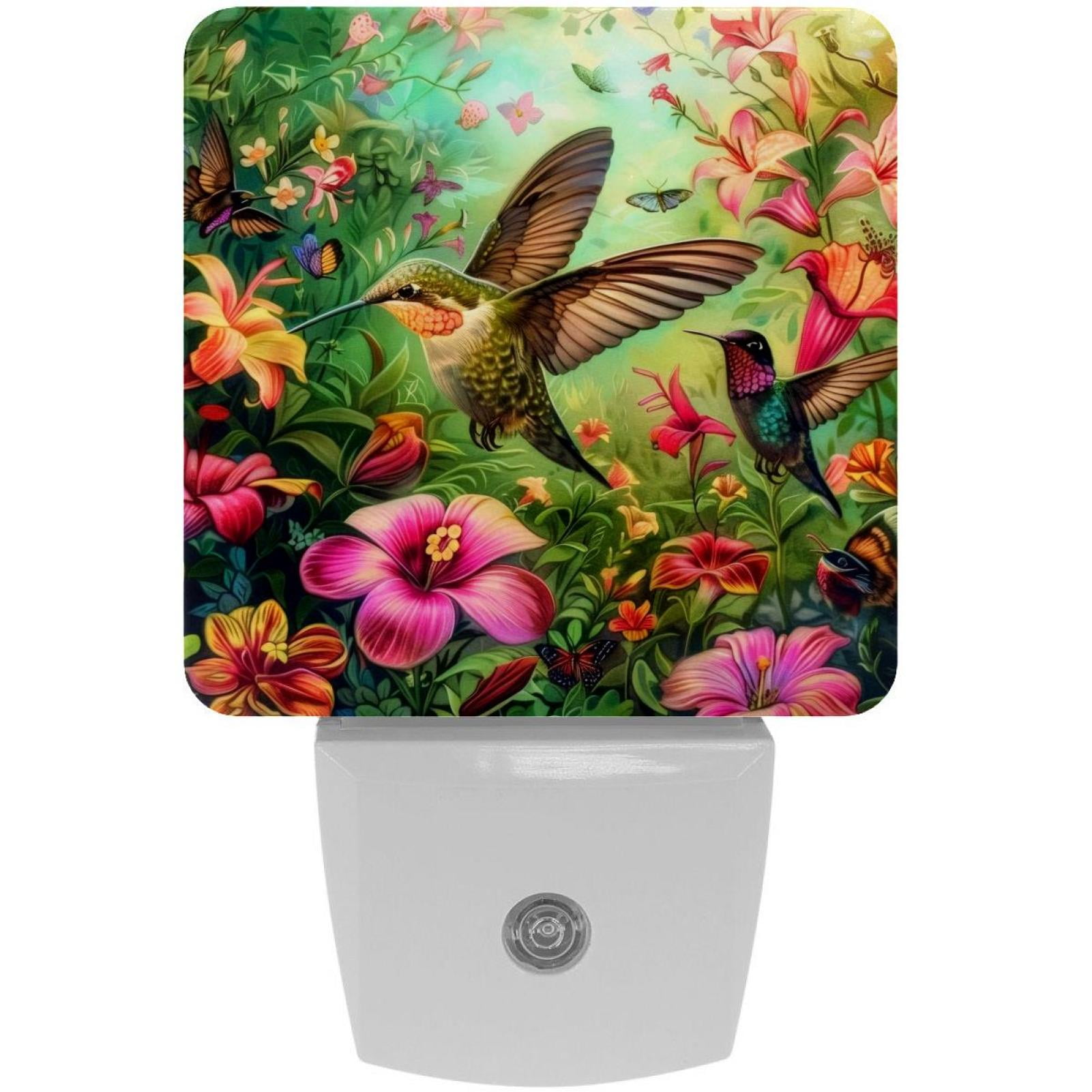 PhooArto Hummingbird and Colorful Floral Plug in LED Night Light Auto Sensor Dusk to Dawn Decorative Night for Bedroom, Bathroom, Kitchen, Hallway, Stairs, Baby's Room, Energy Saving