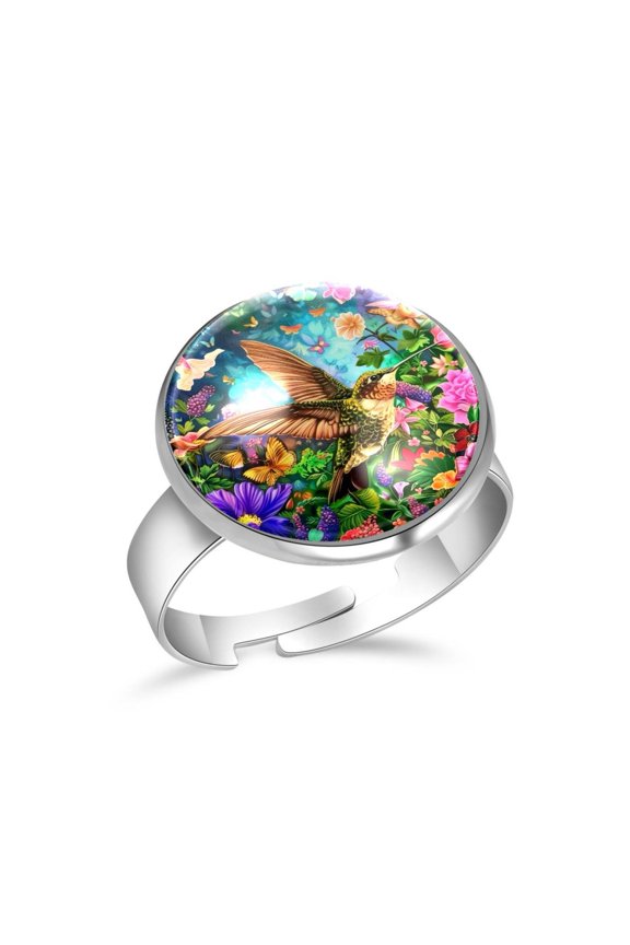 Hummingbird Floral Color Painting Stainless Steel Rings for Women, Open Adjustable Ring Promise Ring Jewelry Gifts
