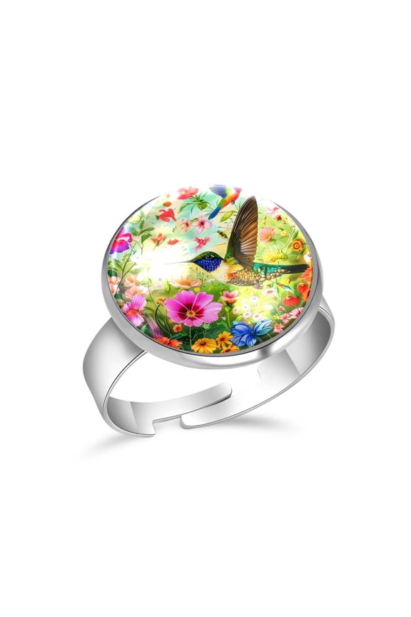 Hummingbird Floral Painting Stainless Steel Rings for Women, Open Adjustable Ring Promise Ring Jewelry Gifts