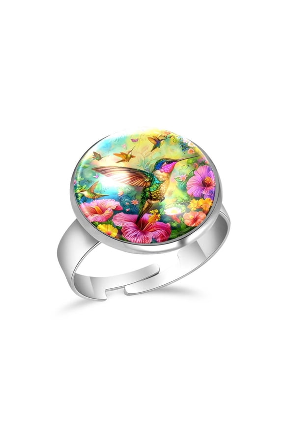 Hummingbird Flowers Print Stainless Steel Rings for Women, Open Adjustable Ring Promise Ring Jewelry Gifts