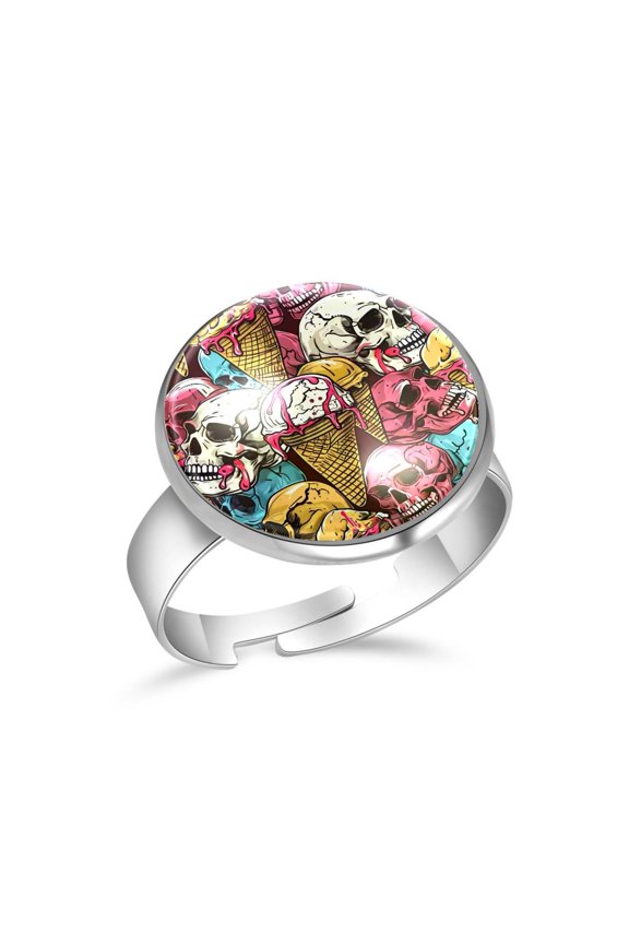 Ice Cream Skulls Pattern Stainless Steel Rings for Women, Open Adjustable Ring Promise Ring Jewelry Gifts