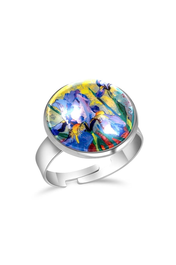Iris Flower Painting Stainless Steel Rings for Women, Open Adjustable Ring Promise Ring Jewelry Gifts