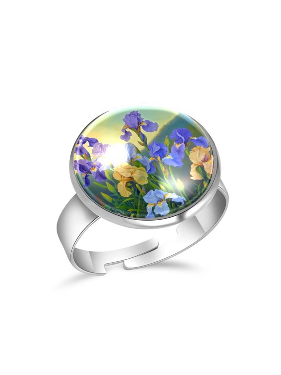 Iris Purple Painting Stainless Steel Rings for Women, Open Adjustable Ring Promise Ring Jewelry Gifts