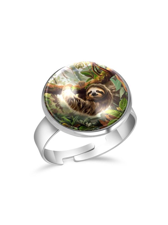Jungle Rainforest Sloth Stainless Steel Rings for Women, Open Adjustable Ring Promise Ring Jewelry Gifts