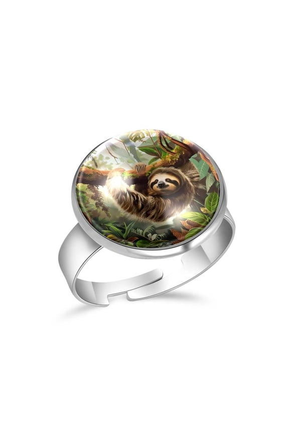 Jungle Rainforest Sloth Stainless Steel Rings for Women, Open Adjustable Ring Promise Ring Jewelry Gifts