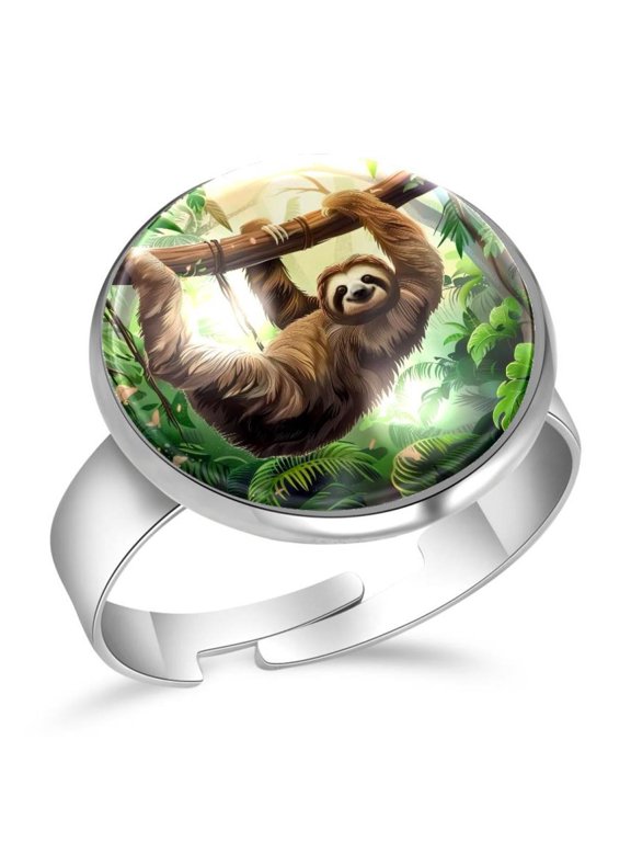 Jungle Sloth in Rainforest Stainless Steel Rings for Women, Open Adjustable Ring Promise Ring Jewelry Gifts