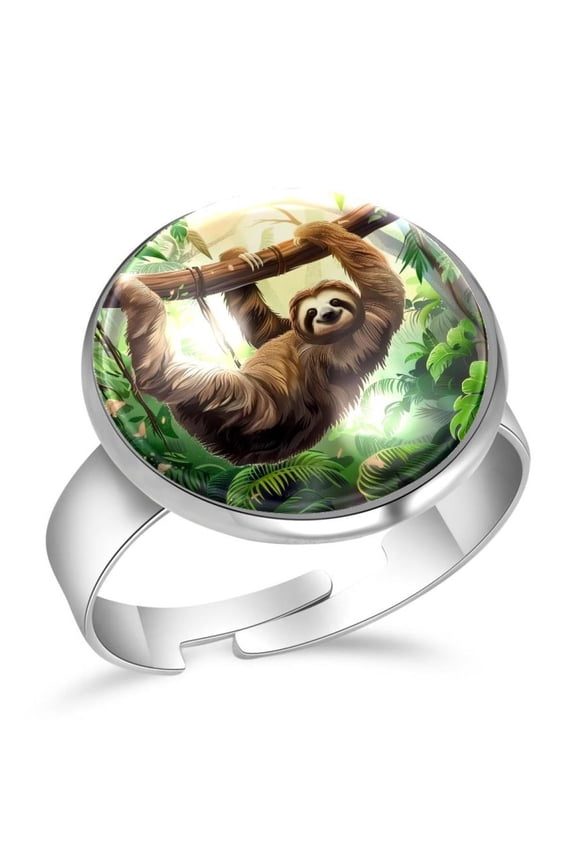 Jungle Sloth in Rainforest Stainless Steel Rings for Women, Open Adjustable Ring Promise Ring Jewelry Gifts