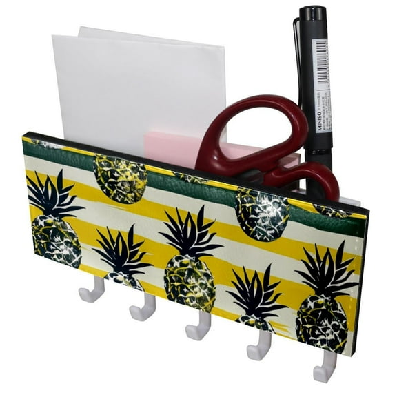 PhooArto Key Holder for Wall Decorative with 5 Key Hooks, Black Pineapple Stripes Pattern Holders Wall Mount Organizer with Mail Key Rack, Self Adhesive
