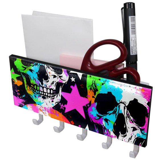 PhooArto Key Holder for Wall Decorative with 5 Key Hooks, Color Splash Stars Skull Head Holders Wall Mount Organizer with Mail Key Rack, Self Adhesive