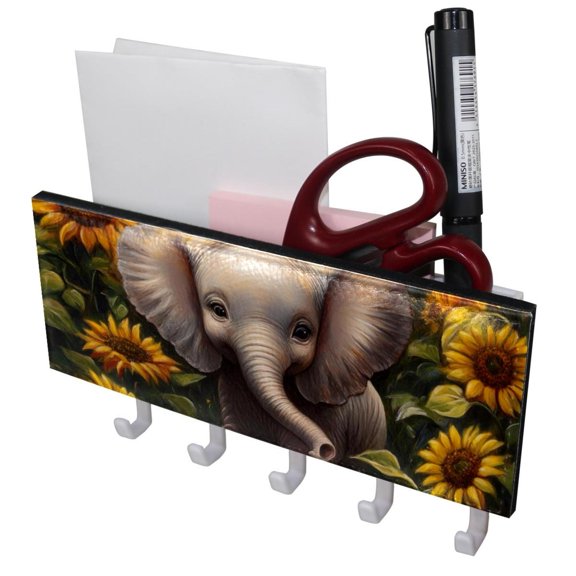 PhooArto Key Holder for Wall Decorative with 5 Key Hooks, Cute Elephant Colorful Sunflowers Holders Wall Mount Organizer with Mail Key Rack, Self Adhesive