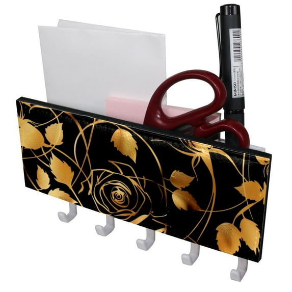 PhooArto Key Holder for Wall Decorative with 5 Key Hooks, Golden Roses Flower Silhouette Holders Wall Mount Organizer with Mail Key Rack, Self Adhesive