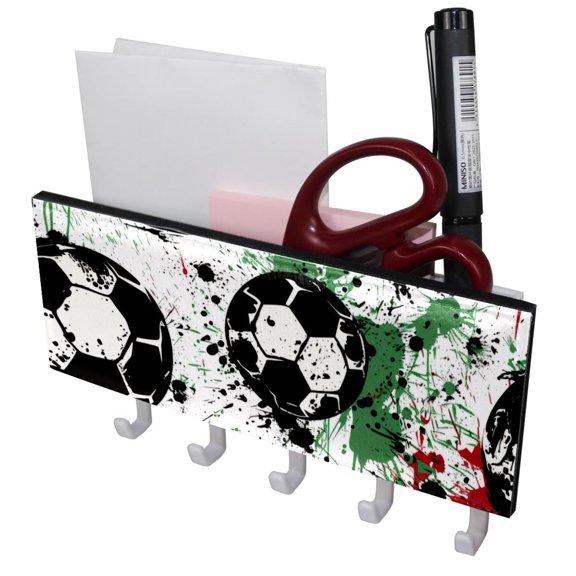PhooArto Key Holder for Wall Decorative with 5 Key Hooks, Grunge Splashes Soccer Pattern Holders Wall Mount Organizer with Mail Key Rack, Self Adhesive