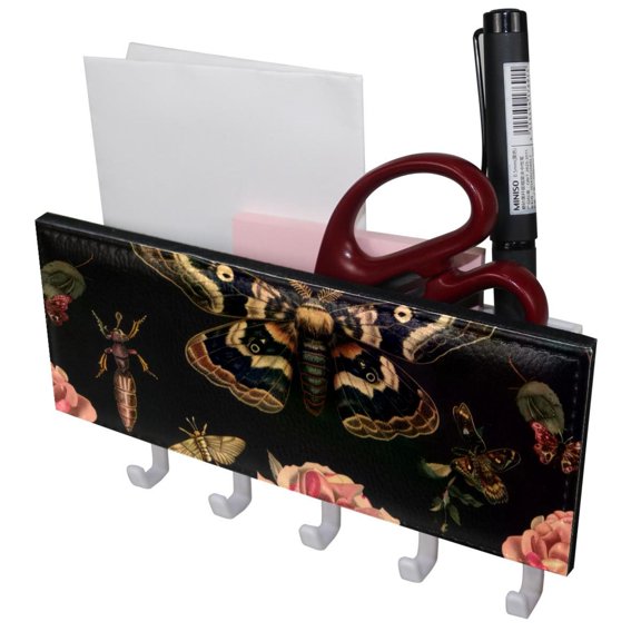 PhooArto Key Holder for Wall Decorative with 5 Key Hooks, Hawk Moth Rose Flowers Pattern Holders Wall Mount Organizer with Mail Key Rack, Self Adhesive