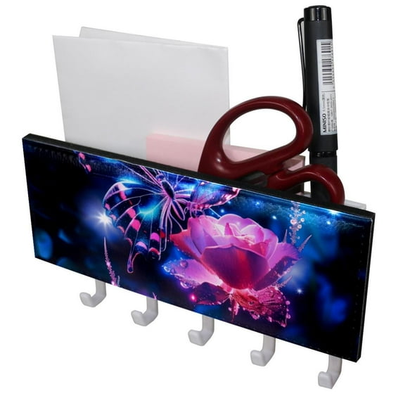PhooArto Key Holder for Wall Decorative with 5 Key Hooks, Neon Butterfly Rose Glowing Stars Holders Wall Mount Organizer with Mail Key Rack, Self Adhesive