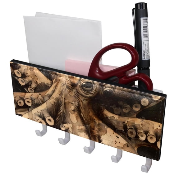 PhooArto Key Holder for Wall Decorative with 5 Key Hooks, Retro Octopus Tentacles Print Holders Wall Mount Organizer with Mail Key Rack, Self Adhesive