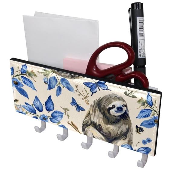 PhooArto Key Holder for Wall Decorative with 5 Key Hooks, Sloths Blue Butterflies Pattern Holders Wall Mount Organizer with Mail Key Rack, Self Adhesive