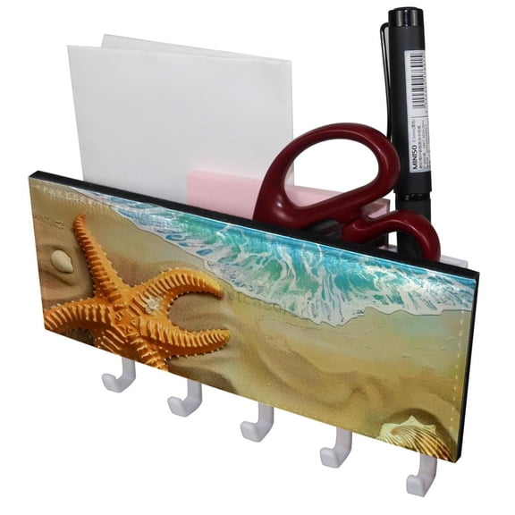 PhooArto Key Holder for Wall Decorative with 5 Key Hooks, Summer Beach Starfish Blue Water Holders Wall Mount Organizer with Mail Key Rack, Self Adhesive