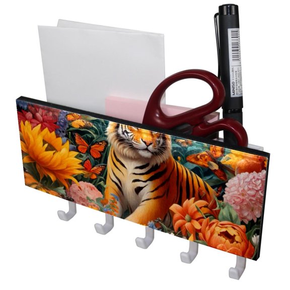 PhooArto Key Holder for Wall Decorative with 5 Key Hooks, Tiger Among Sunflower Butterfly Holders Wall Mount Organizer with Mail Key Rack, Self Adhesive
