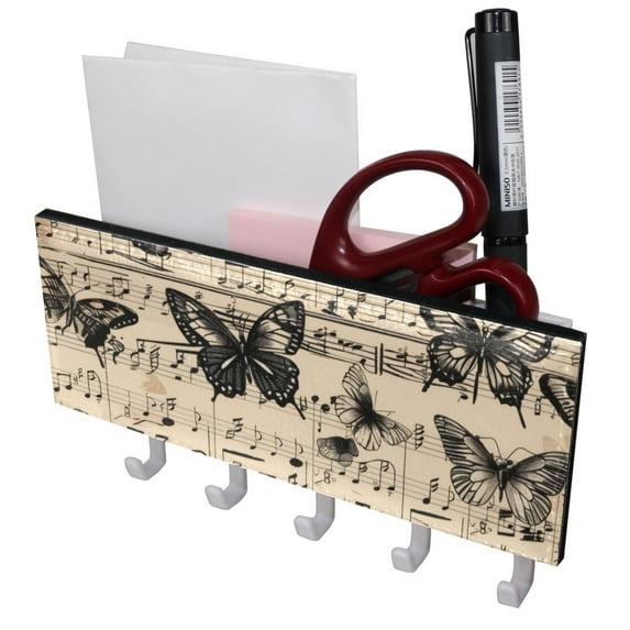 PhooArto Key Holder for Wall Decorative with 5 Key Hooks, Vintage Butterflies and Music Notes Pattern Holders Wall Mount Organizer with Mail Key Rack, Self Adhesive