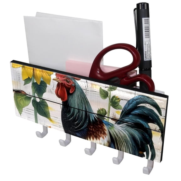 PhooArto Key Holder for Wall Decorative with 5 Key Hooks, Wooden Board Sunflower Rooster Holders Wall Mount Organizer with Mail Key Rack, Self Adhesive