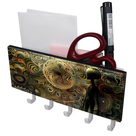 PhooArto Key Holder for Wall Decorative with 5 Key Hooks, Alien Standing Bizarre Pattern Holders Wall Mount Organizer with Mail Key Rack, Self Adhesive