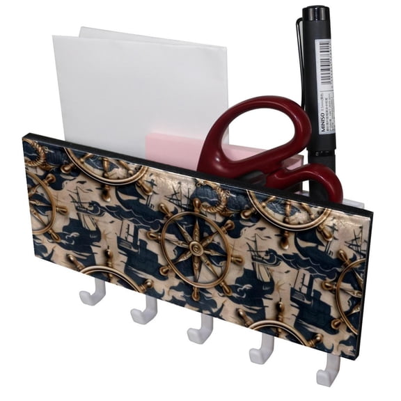 PhooArto Key Holder for Wall Decorative with 5 Key Hooks, Anchor Steering Wheels Pattern Holders Wall Mount Organizer with Mail Key Rack, Self Adhesive