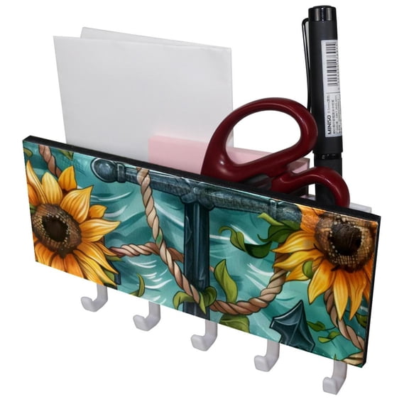 PhooArto Key Holder for Wall Decorative with 5 Key Hooks, Anchor and Sunflowers Pattern Holders Wall Mount Organizer with Mail Key Rack, Self Adhesive