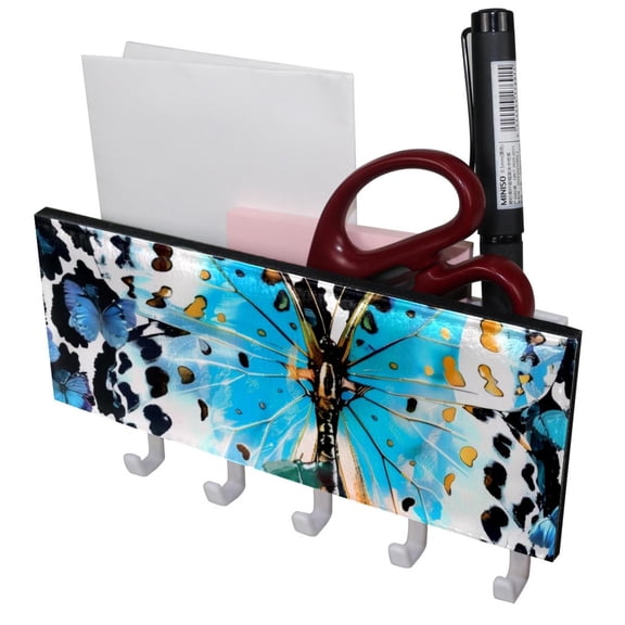 PhooArto Key Holder for Wall Decorative with 5 Key Hooks, Art Blue Butterfly Leopard Print Holders Wall Mount Organizer with Mail Key Rack, Self Adhesive