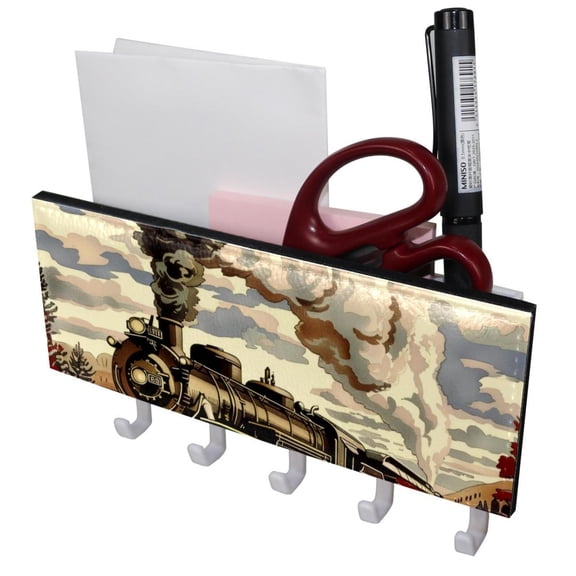 PhooArto Key Holder for Wall Decorative with 5 Key Hooks, Art Steam Train Railway Pattern Holders Wall Mount Organizer with Mail Key Rack, Self Adhesive