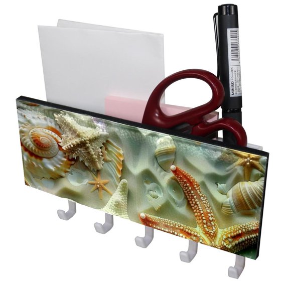 PhooArto Key Holder for Wall Decorative with 5 Key Hooks, Beach Starfish Seashells Pattern Holders Wall Mount Organizer with Mail Key Rack, Self Adhesive
