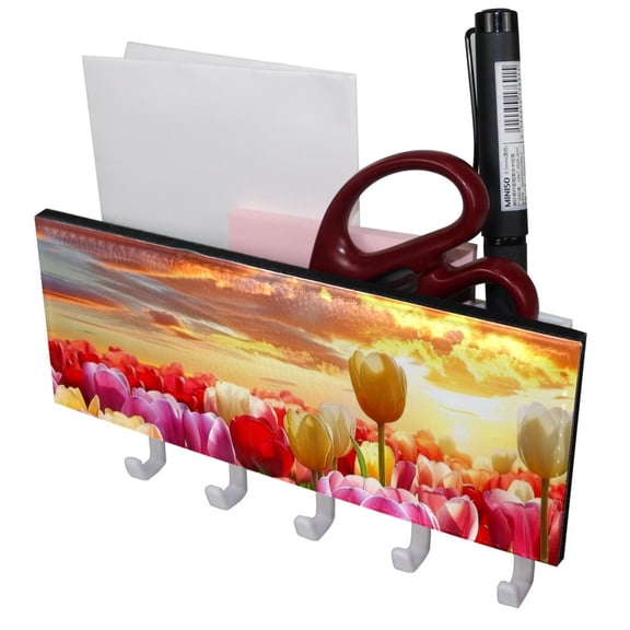 PhooArto Key Holder for Wall Decorative with 5 Key Hooks, Beautiful Tulip Floral Sunset Landscape Holders Wall Mount Organizer with Mail Key Rack, Self Adhesive